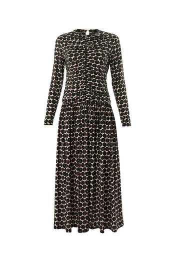 Bisiklet Yaka Uzun Kollu Drapeli Slim Fit Örme Midi Çok Renkli Elbise