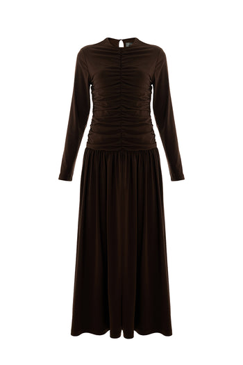 Bisiklet Yaka Uzun Kollu Drapeli Slim Fit Midi Örme Kahve Elbise