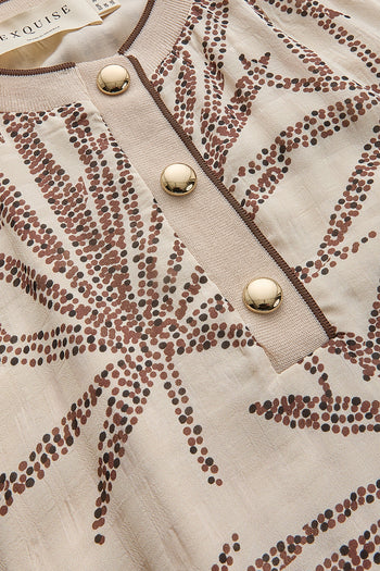 Yaprak Desenli Düğme Detaylı Rahat Kesim Rayon Şifon Bluz