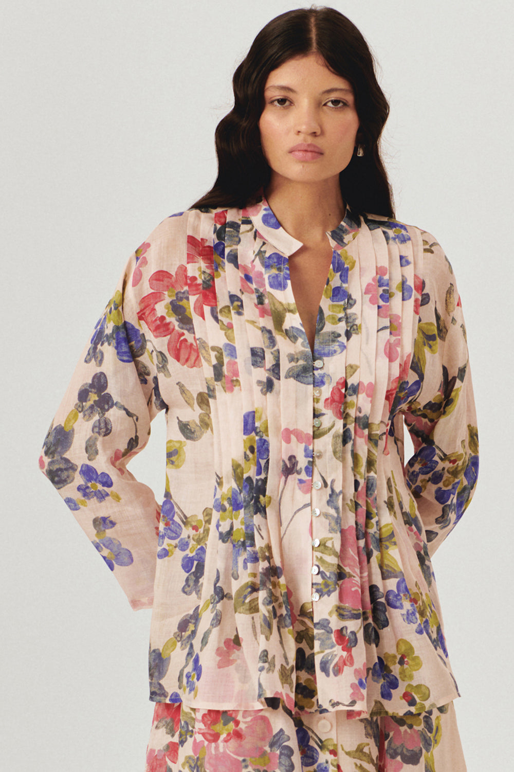 Yakasız Rahat Kalıp Floral Desen Bluz