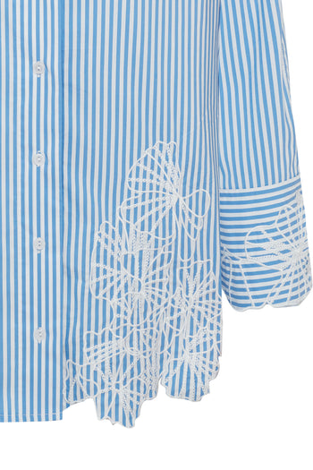 Çiçek İşlemeli Mavi Çizgili Regular Gömlek