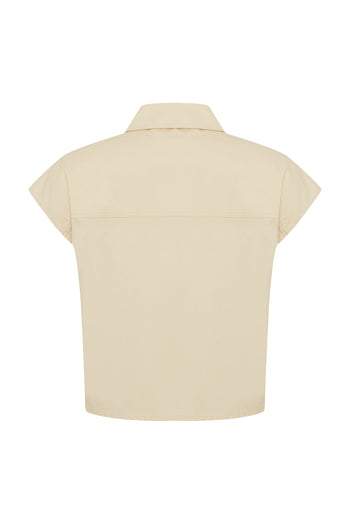 İşleme Detaylı Açık Sarı Pamuklu Crop Gömlek