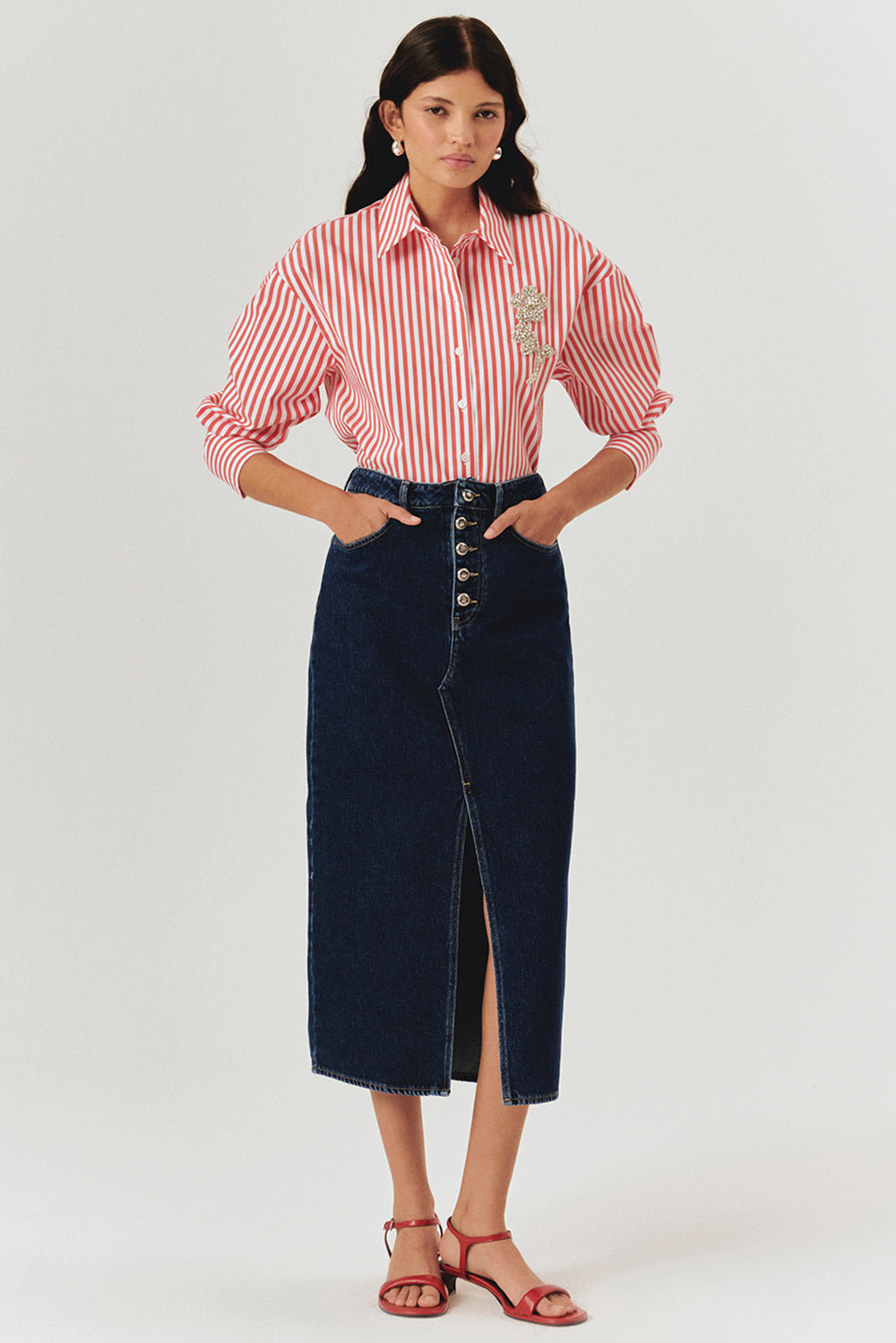 Taş İşleme Detaylı Lacivert Beyaz Oversize Çizgili Poplin Gömlek