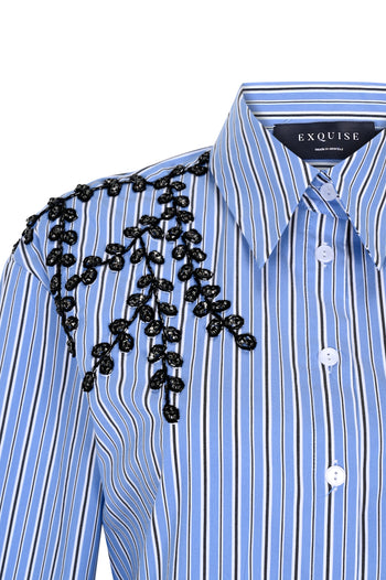 Omuzları Taş İşlemeli Regular Fit Çizgili Gömlek