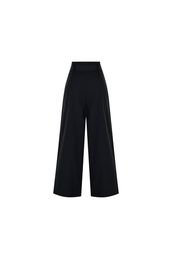 Yüksek Bel Kuşaklı Bol Kesim Pamuklu Siyah Pantolon