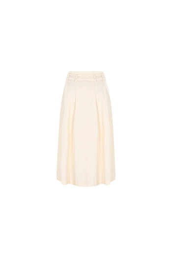 Çift İnce Kemer Detaylı Midi Boy Bej Etek