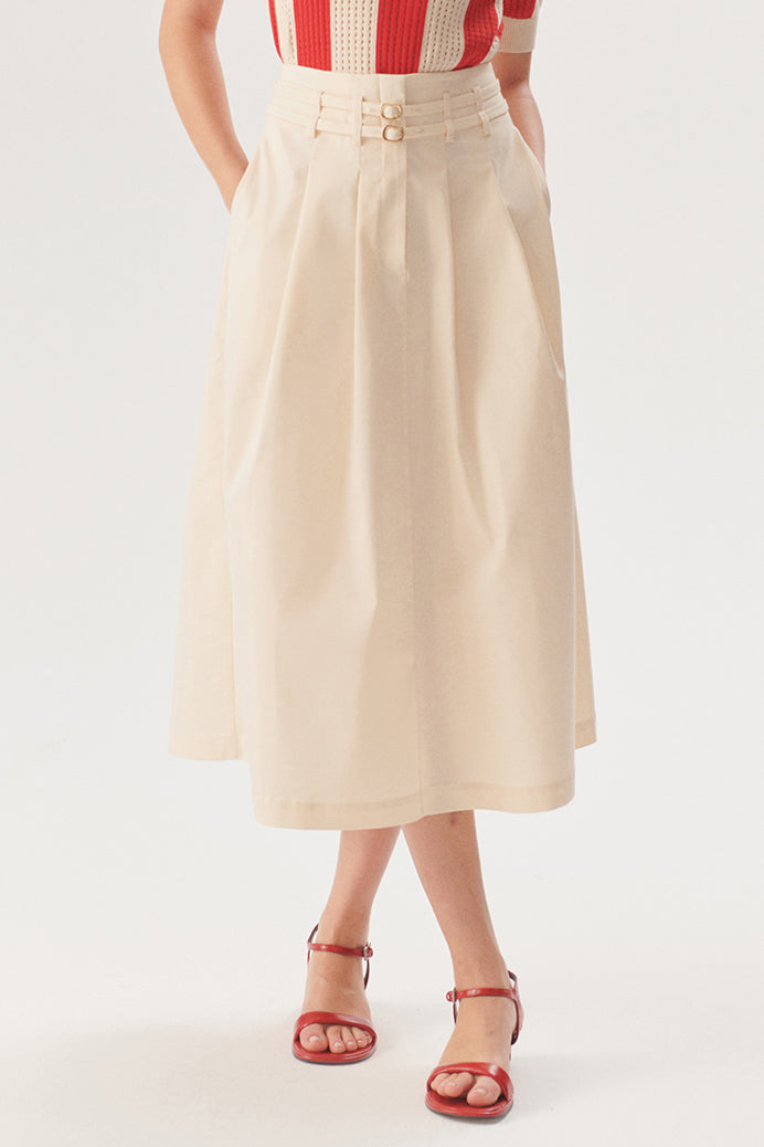 Çift İnce Kemer Detaylı Midi Boy Bej Etek