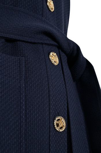 Gold Düğme Detaylı Kuşaklı Dokulu Kumaş Cepli Slim Fit Lacivert Yelek