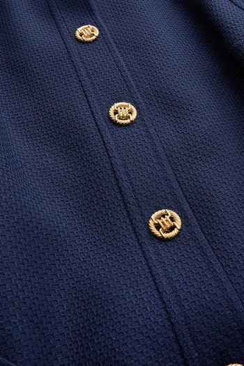 Gold Düğme Detaylı Kuşaklı Dokulu Kumaş Cepli Slim Fit Lacivert Yelek