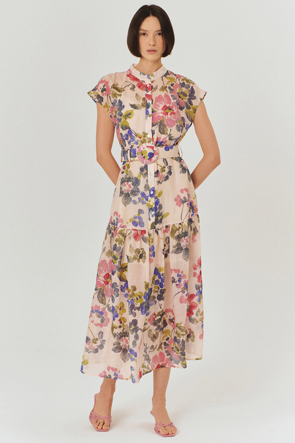 Bisiklet Yaka Önden Düğmeli Bele Oturan Kolsuz Floral Desen Elbise