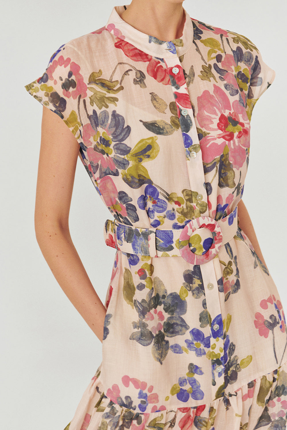Bisiklet Yaka Önden Düğmeli Bele Oturan Kolsuz Floral Desen Elbise