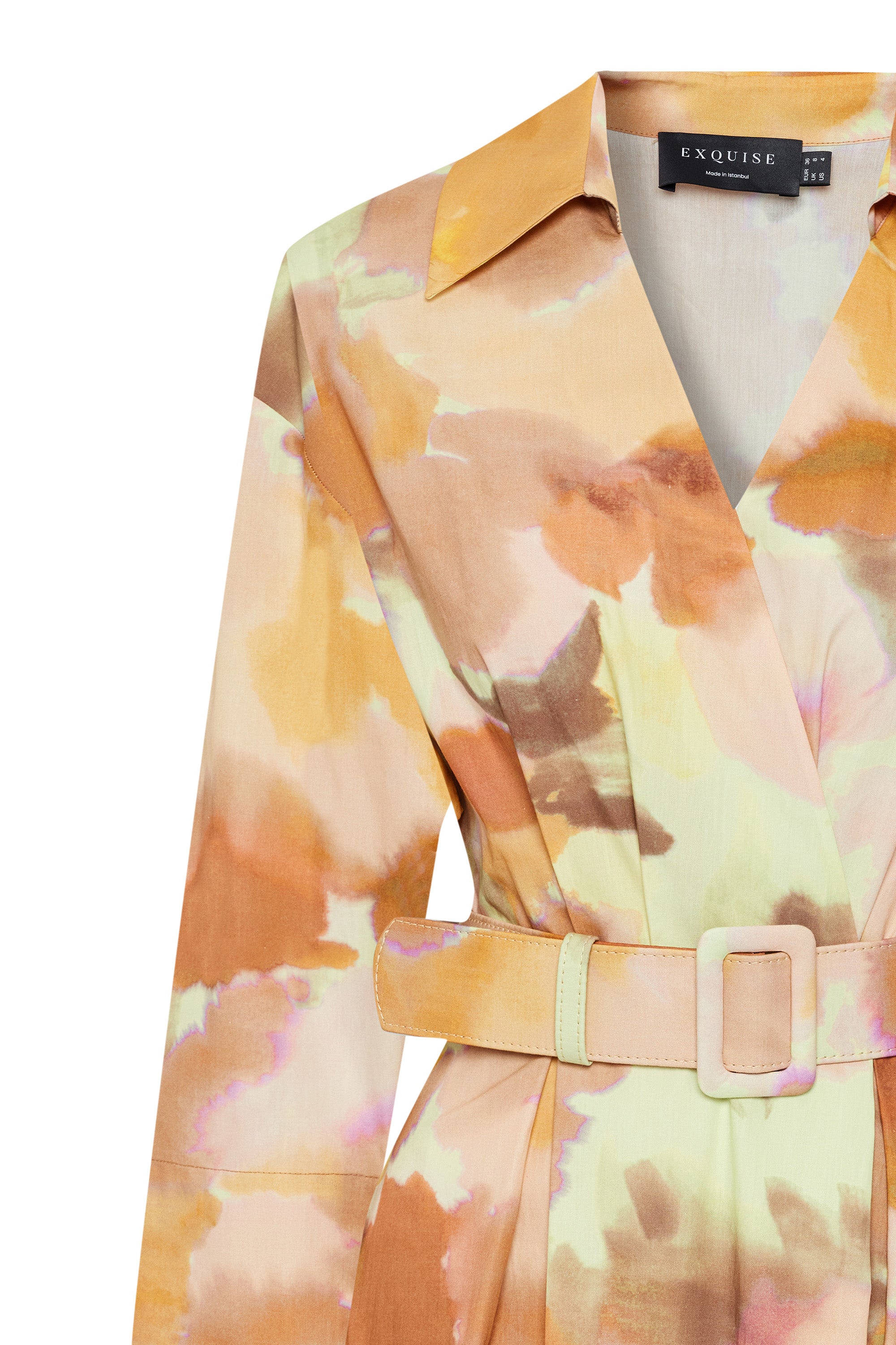 Truvakar Kol Kemerli Bele Oturan Midi Boy Soyut Desenli Pamuklu Elbise