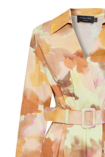 Truvakar Kol Kemerli Bele Oturan Midi Boy Soyut Desenli Pamuklu Elbise