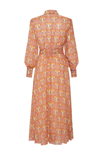 Gömlek Yaka Uzun Kol Kuşak Detaylı Çiçek Desenli Midi Boy Elbise