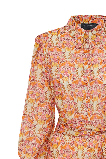 Gömlek Yaka Uzun Kol Kuşak Detaylı Çiçek Desenli Midi Boy Elbise