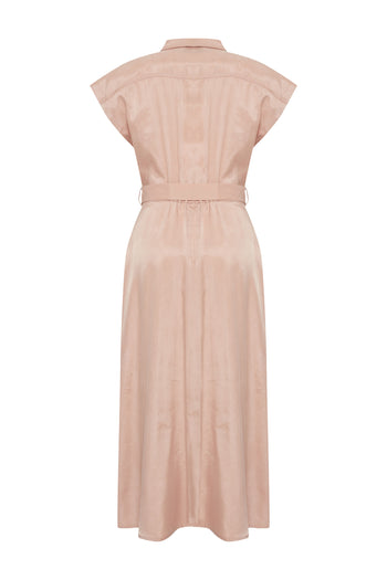 Kolsuz Önden Düğmeli Kemerli Modal Kumaş Midi Pembe Elbise