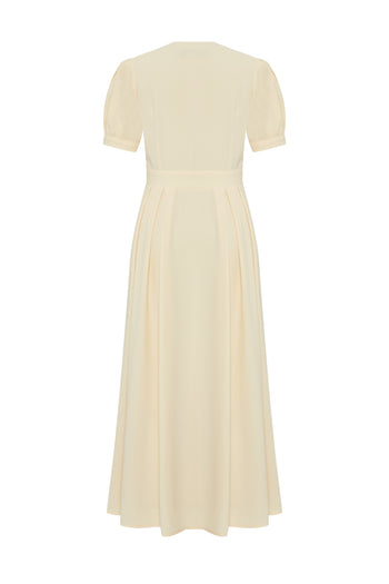 Kısa Kol Önden Düğmeli Bele Oturan Bej Elbise