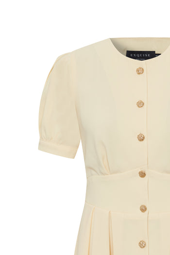 Kısa Kol Önden Düğmeli Bele Oturan Bej Elbise