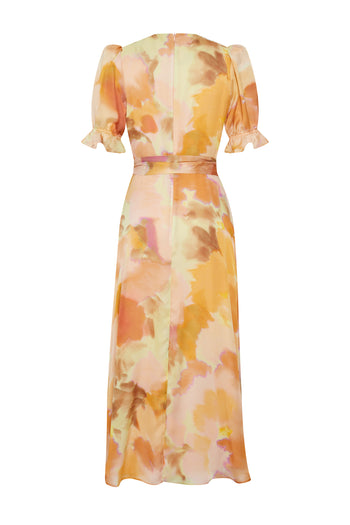 Balon Kol Bisiklet Yaka Bele Oturan Soyut Desen Midi Elbise