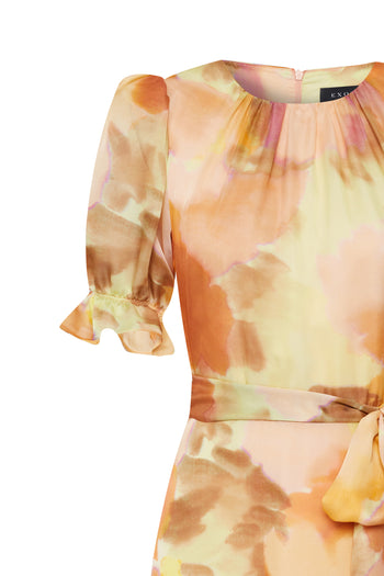 Balon Kol Bisiklet Yaka Bele Oturan Soyut Desen Midi Elbise