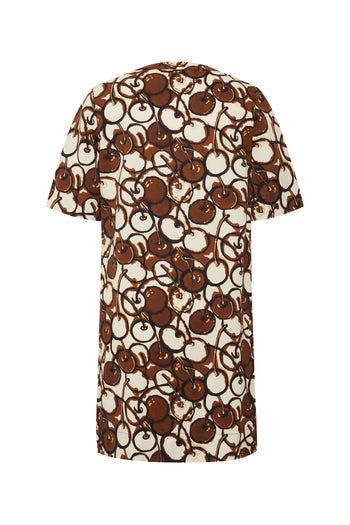 Düğmeli Bisiklet Yakalı Kısa Kol Desenli Mini Elbise