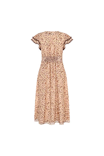 V Yaka Kol Detaylı Desenli Midi Boy Şifon Elbise