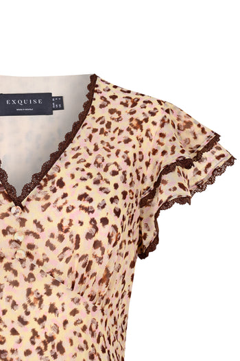 V Yaka Kol Detaylı Desenli Midi Boy Şifon Elbise