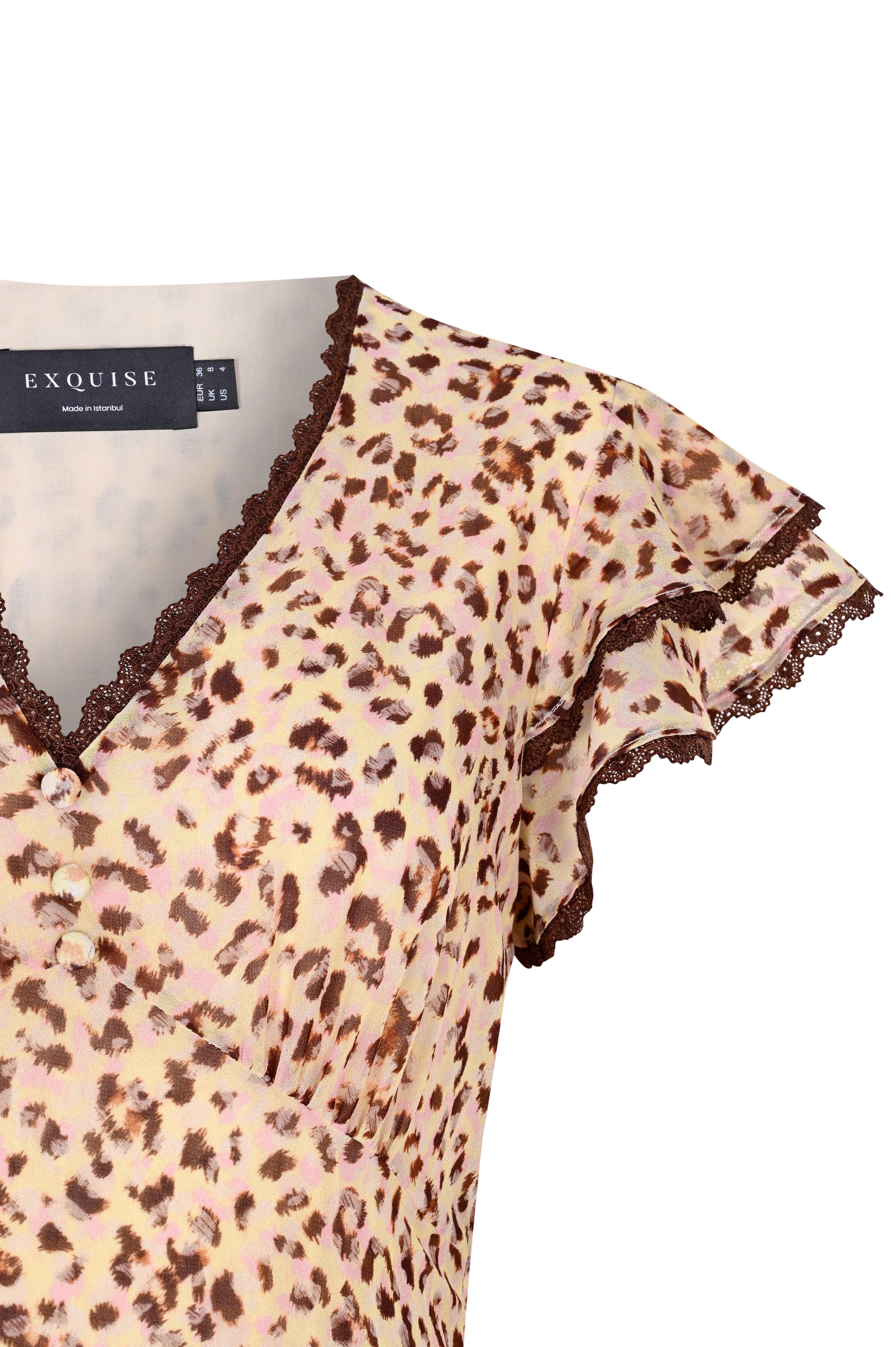 V Yaka Kol Detaylı Desenli Midi Boy Şifon Elbise