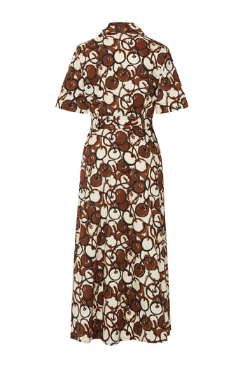 Kısa Kollu Önden Düğmeli Pamuklu Kumaş Desenli Elbise