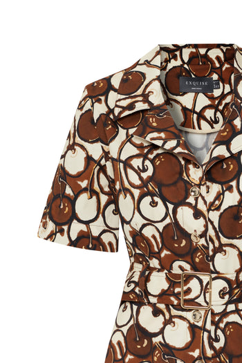 Kısa Kollu Önden Düğmeli Pamuklu Kumaş Desenli Elbise