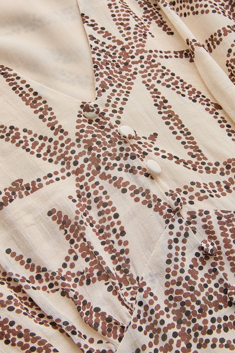 Desenli Balon Kol V Yaka Düğmeli Regular Midi Rayon Şifon Elbise