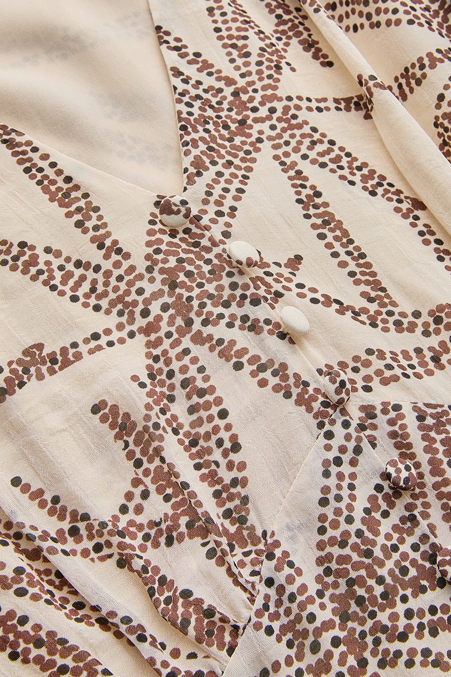 Desenli Balon Kol V Yaka Düğmeli Regular Midi Rayon Kahve-Bej Şifon Elbise