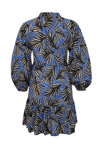 Bağcık Detaylı Yaprak Desenli Rahat Kesim Pamuklu Mini Elbise