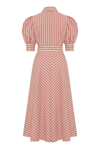 Kırmızı Çizgili Kemerli Balon Kol A Kesim Regular Midi Gömlek Elbise