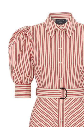 Kırmızı Çizgili Kemerli Balon Kol A Kesim Regular Midi Gömlek Elbise