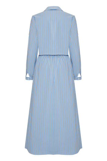 Beli Lastikli Çizgili Regular Midi Elbise