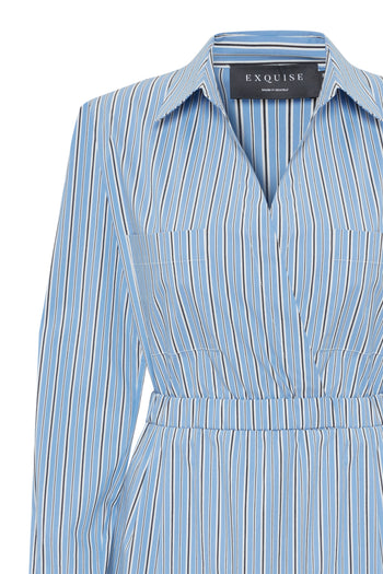 Beli Lastikli Çizgili Regular Midi Elbise