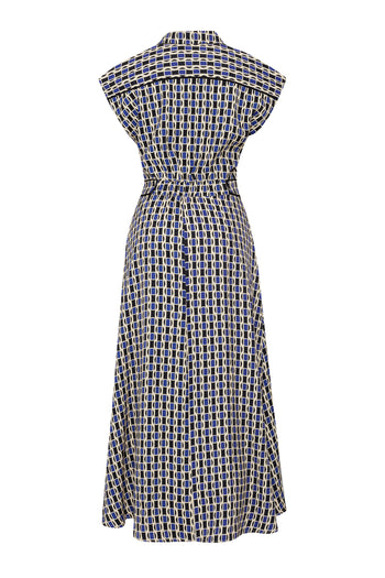 Geometrik Desenli Bel Detaylı Midi Gömlek Elbise