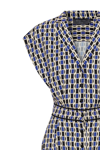 Geometrik Desenli Bel Detaylı Midi Gömlek Elbise