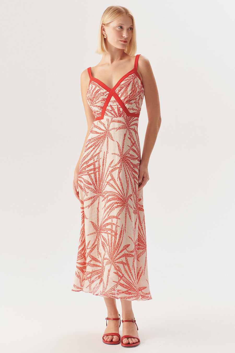 Desenli Kırmızı Biyeli Askılı Regular Midi Rayon Şifon Elbise