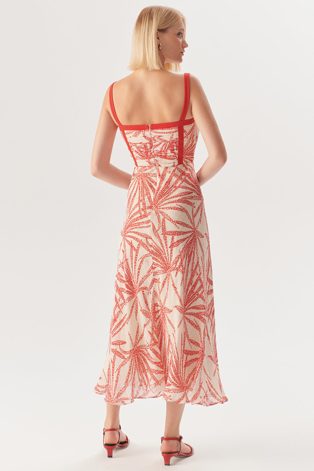 Desenli Kırmızı Biyeli Askılı Regular Midi Rayon Şifon Elbise