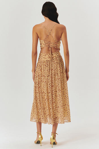 Bele Oturan Asimetrik Yaka Leopar Desenli Askılı Midi Elbise