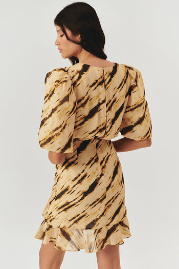 Bele Oturan Desenli V Yaka Mini Elbise