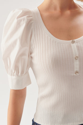 Balon Kol Taşlı Düğme Detaylı Beyaz Bluz
