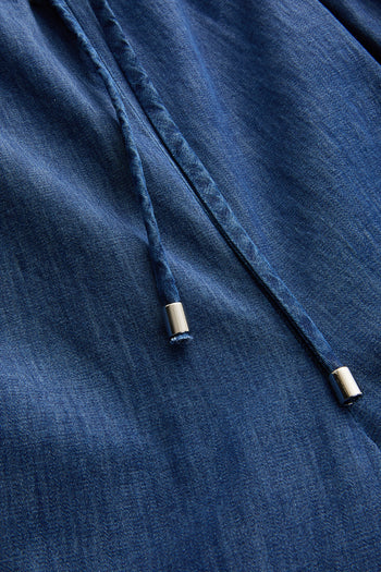 Beli Lastikli Bağcık Detaylı İndigo Geniş Paça Pamuk Denim Pantolon