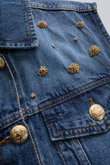 Taş Detaylı Pamuk İndigo Denim Yelek