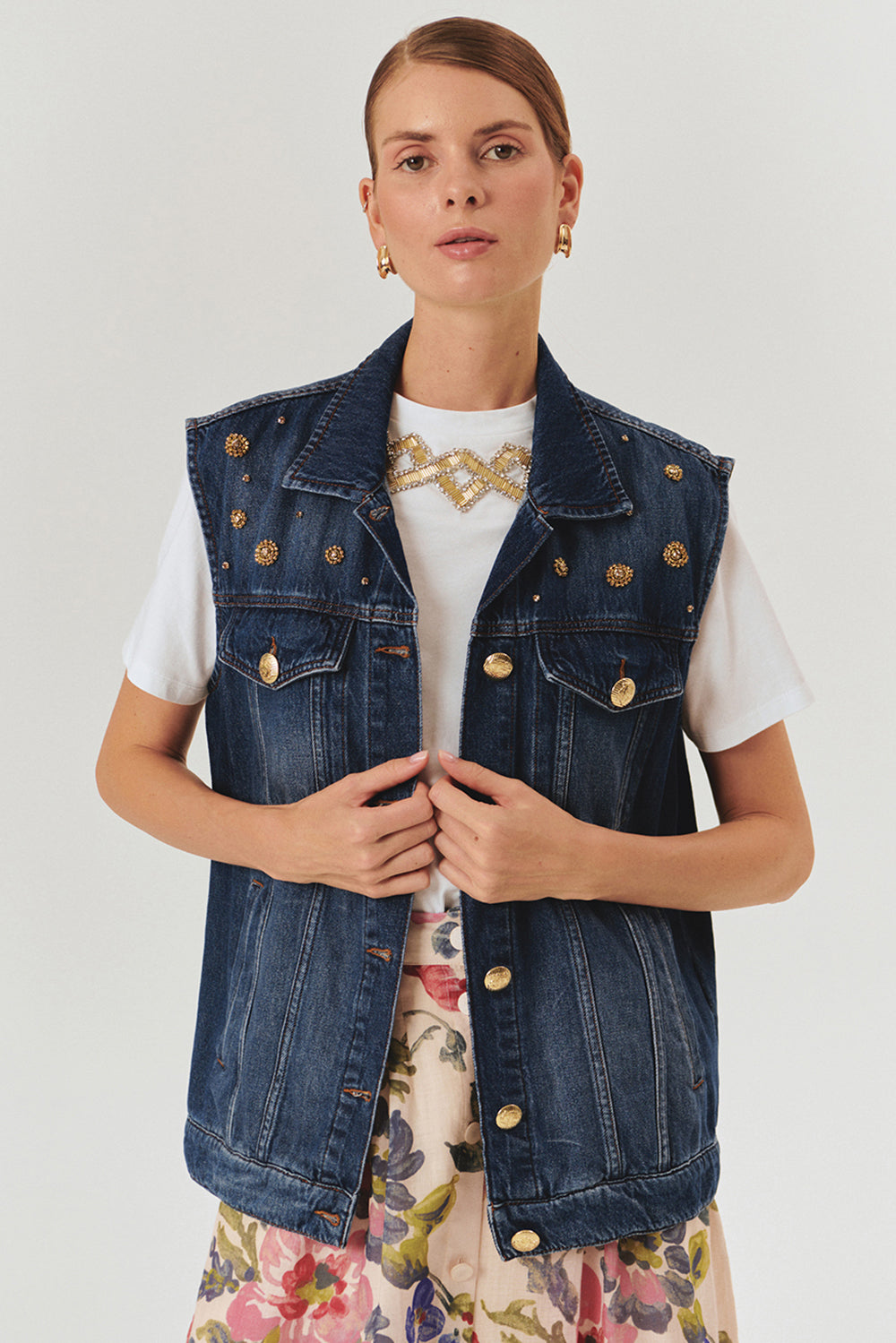 Taş Detaylı Pamuk İndigo Denim Yelek