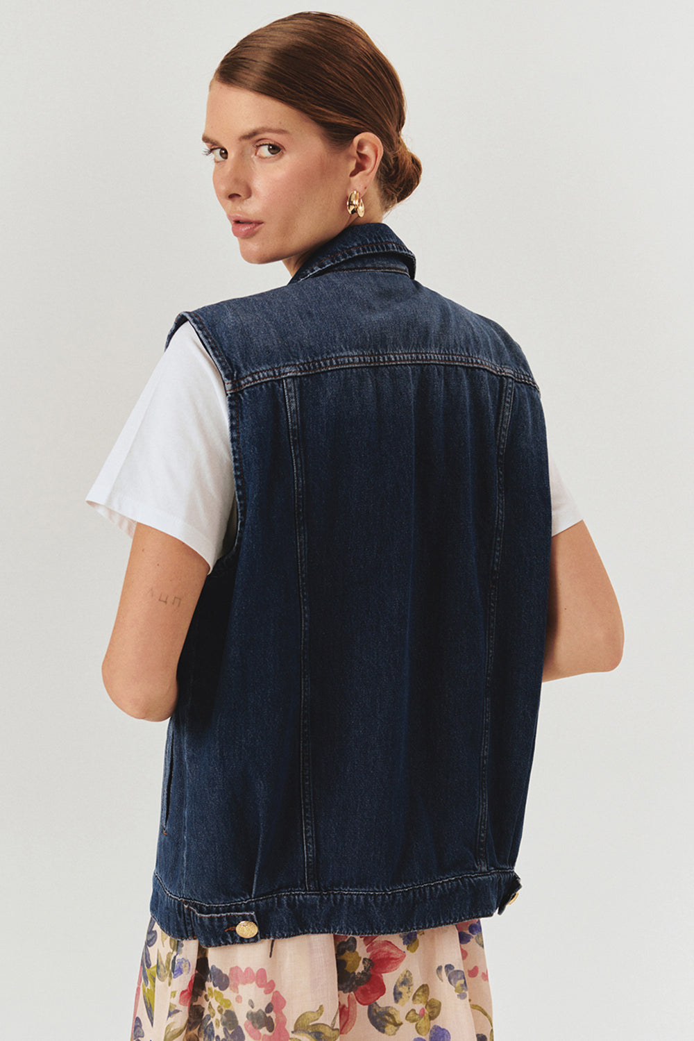 Taş Detaylı Pamuk İndigo Denim Yelek