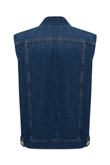 Taş Detaylı Pamuk İndigo Denim Yelek