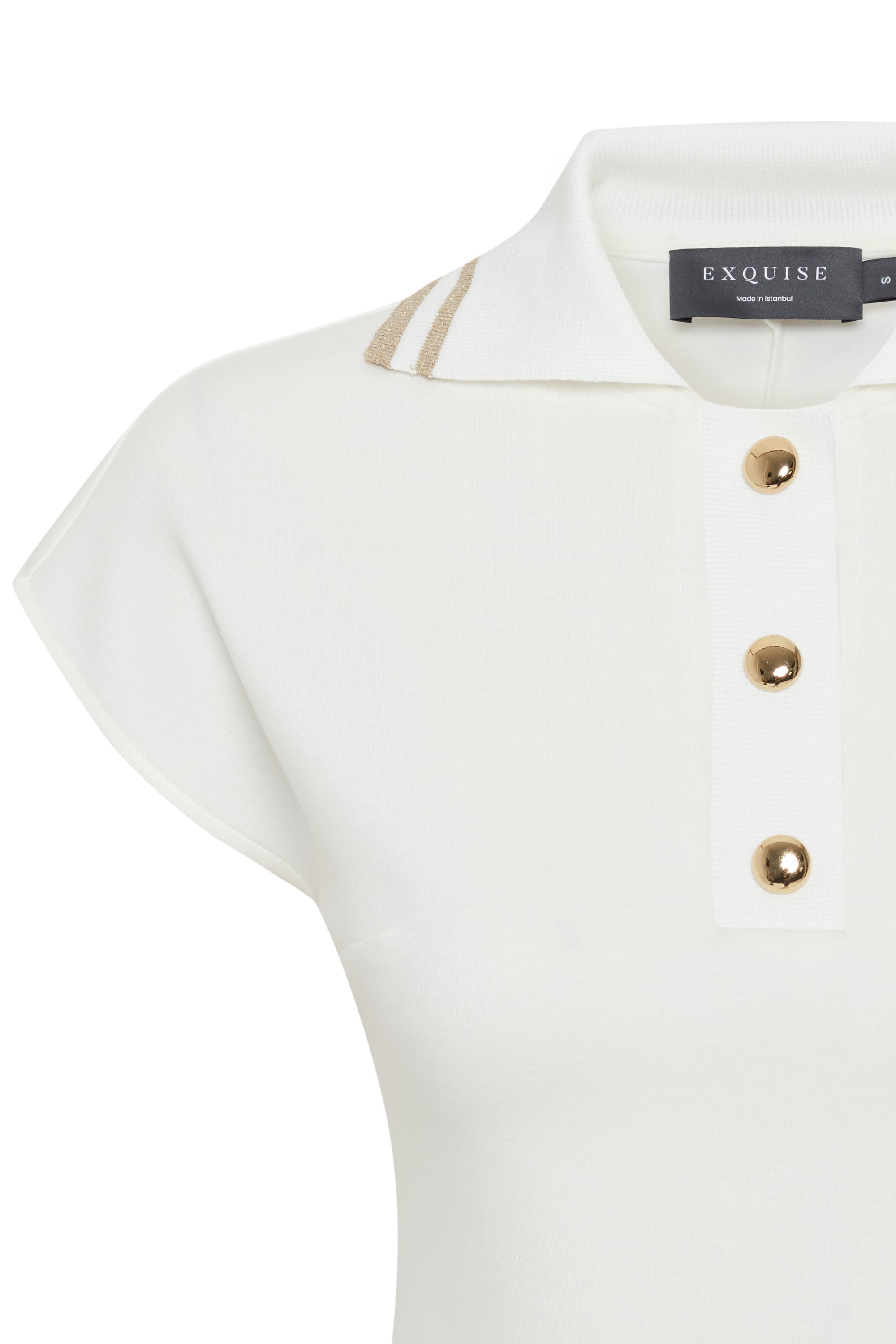 Ekru Düğme Detaylı Polo Yaka Regular Örme Tişört